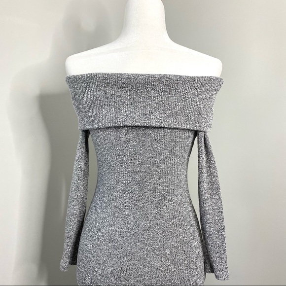 Off-the-Shoulder Soft Grey Ribbed Midi Dress S - Picture 7 of 8